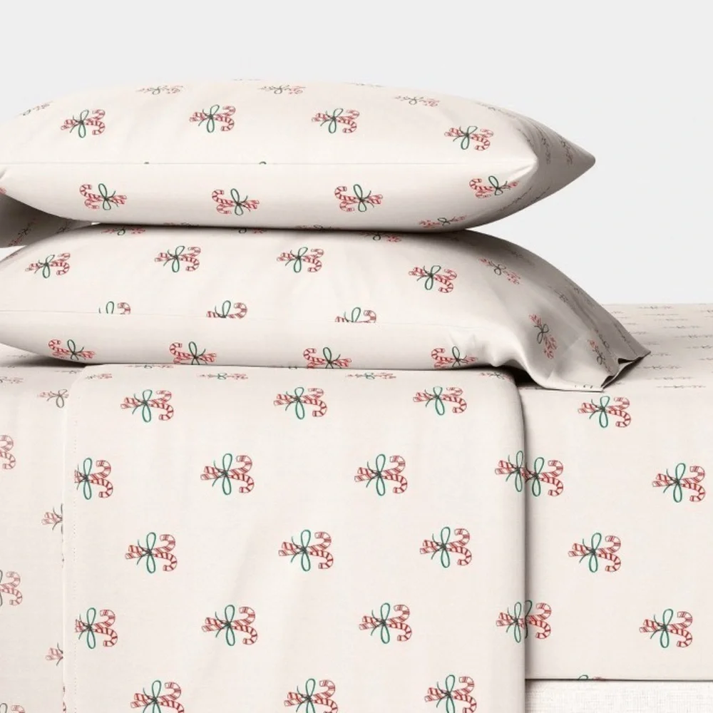 Candy Cane Print Christmas Cotton Sateen Cream Queen Bedding Set